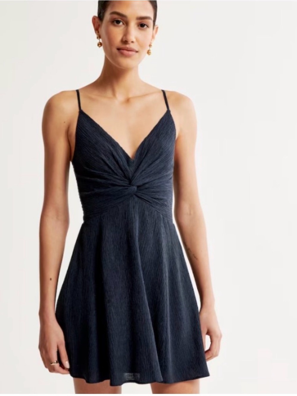 NWT Abercrombie & Fitch Navy Crinkle Texture Knot-Front Mini Dress - Size S